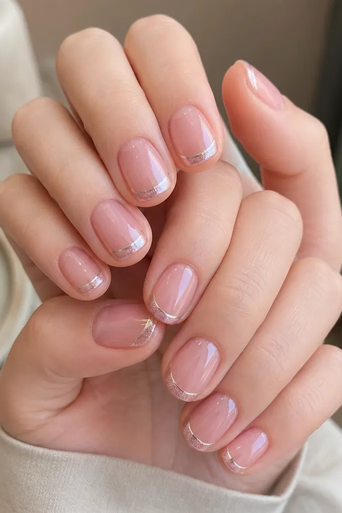Short rounded nails painted in a translucent pink jelly base. The French tip is a jelly-pink band fading into a thin strip of silver chrome at the very edge, with tiny micro sparkle sprinkled only along the last 20% of the tip.