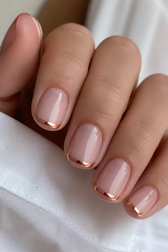 Short squoval nails with a soft nude-pink base. The French tip is a thin band in pink-champagne chrome that looks metallic but slightly warm, with a crisp boundary and a gentle smile curve.