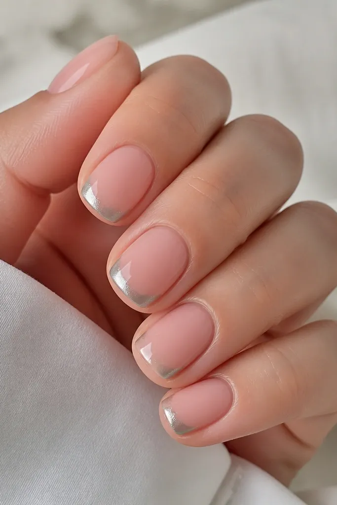 Short square nails with a rosy pink base. The French tip is sheer and clean, and the chrome gradient sits only on the outer corners, fading from mirror silver to clear near the center. The center of the tip stays matte pink.