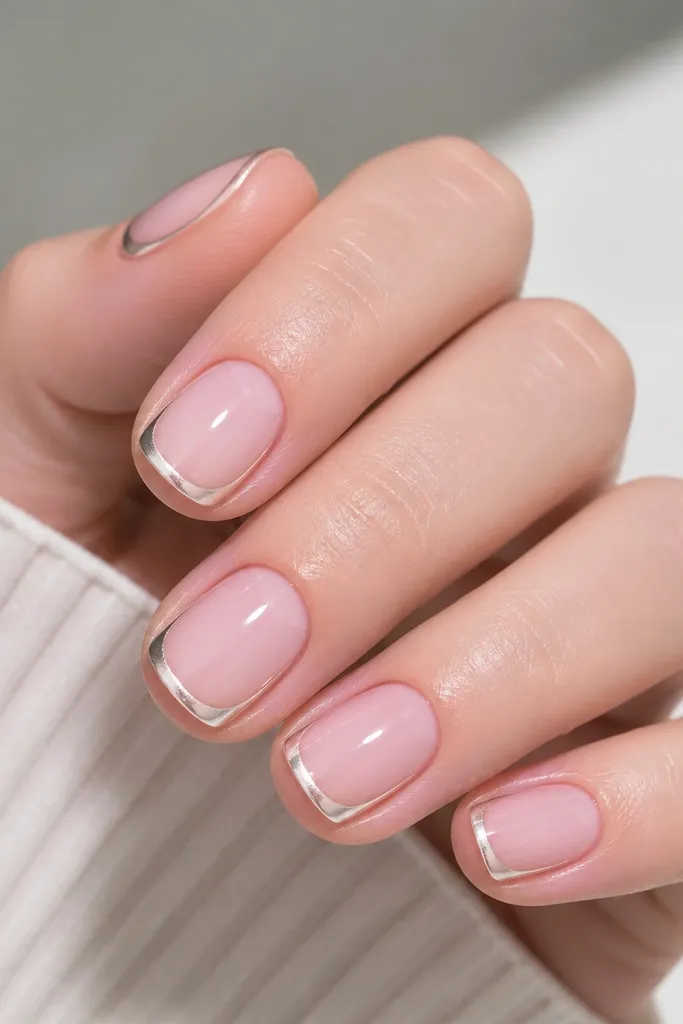 Short rounded nails with baby pink base. The French tip has a sheer inner zone and a mirror chrome outline tracing the border of the French shape. The inside stays translucent pink, and the chrome is only on the perimeter.