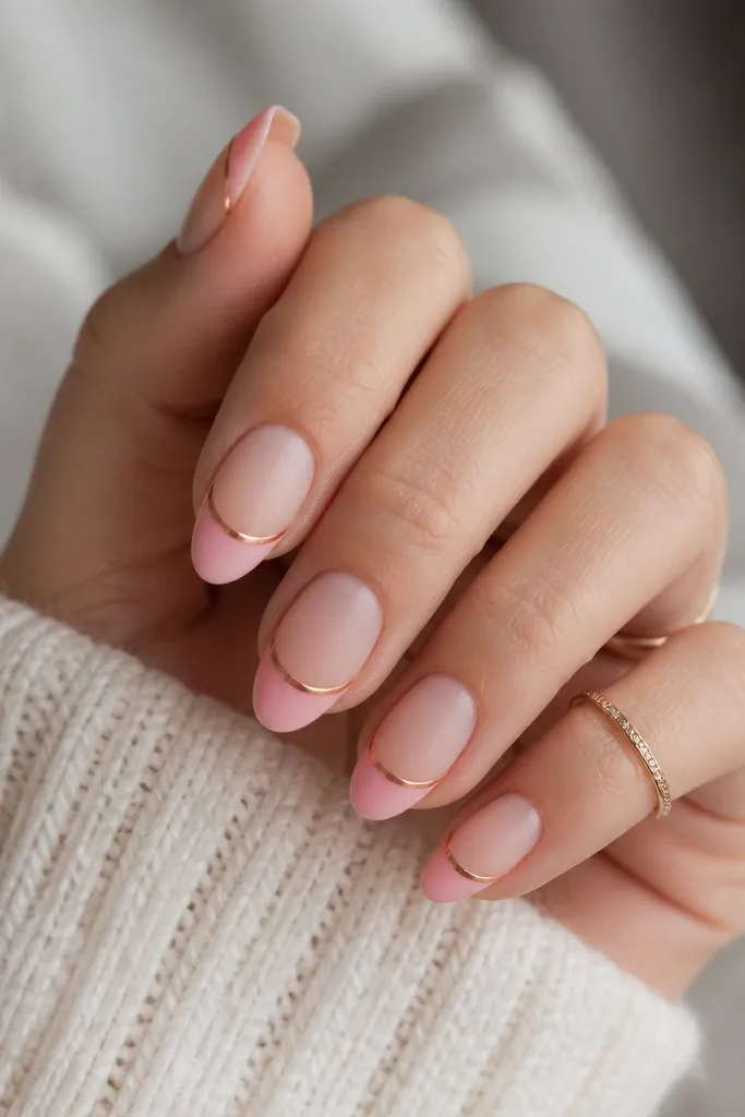 Short almond nails with a pink ombré that fades from nude near the cuticle to light pink at the tip. The French edge has a thin rose-gold chrome line along the very top of the ombré, with the rest of the tip staying matte and soft.