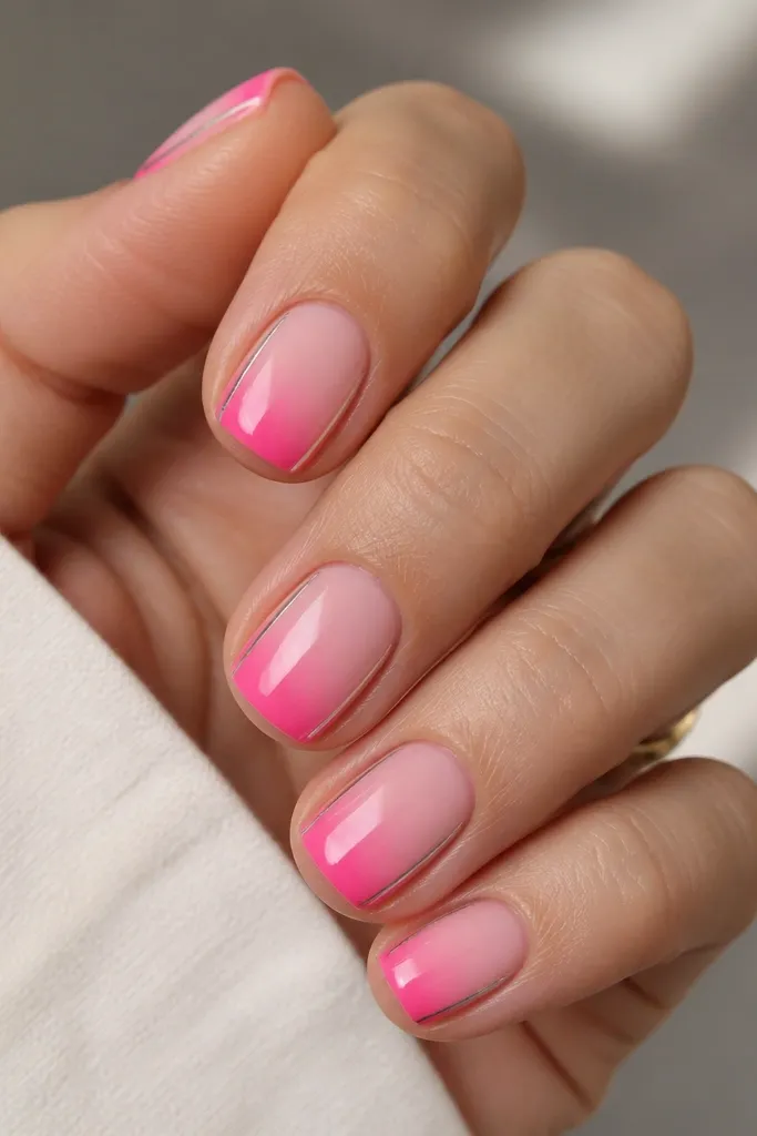 Short squoval nails with a hot pink base at the tip and a paler pink near the center. The French tip is defined with a thin hot pink band, and two tiny silver chrome stripes run vertically along the left and right side edges near the tip.