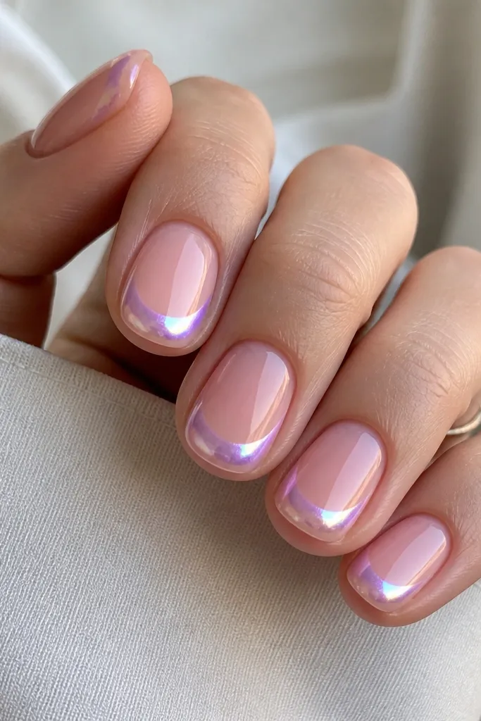 Short rounded nails with a translucent pink base. The French tip area is soft and matte, and a chrome aura glow ring sits right along the outer edge, like a halo. The chrome fades outward into the tip edge in a gradient.