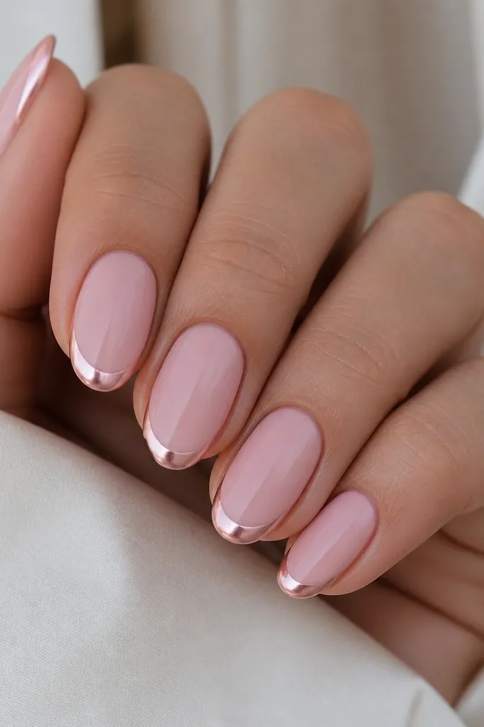 Short almond nails with a blush-pink base. The French tip has a pearlized pink chrome border that looks like soft rose glitter-metal, with the inner tip staying matte blush. The border is thin and perfectly curved.