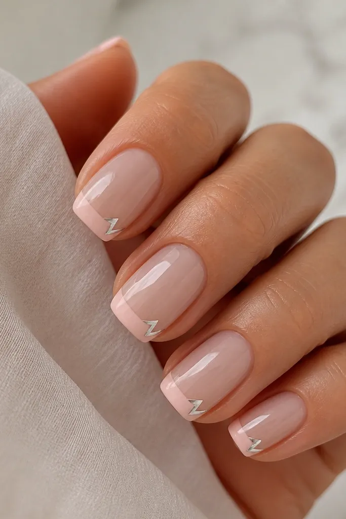 Short squoval nails with a sheer nude base. The French tip is a thin sheer pink band, and at one side corner there's a small silver chrome V-line pointing inward. The rest of the tip stays matte and clean.