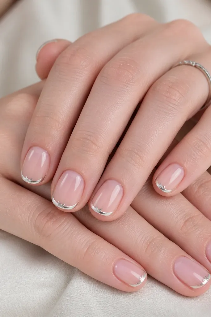 Short rounded nails with a sheer pink base. The French tip has a thin mirror silver outline. At the inner end of the French curve near the center of the nail, there's a tiny silver chrome bow shape, flat and crisp.