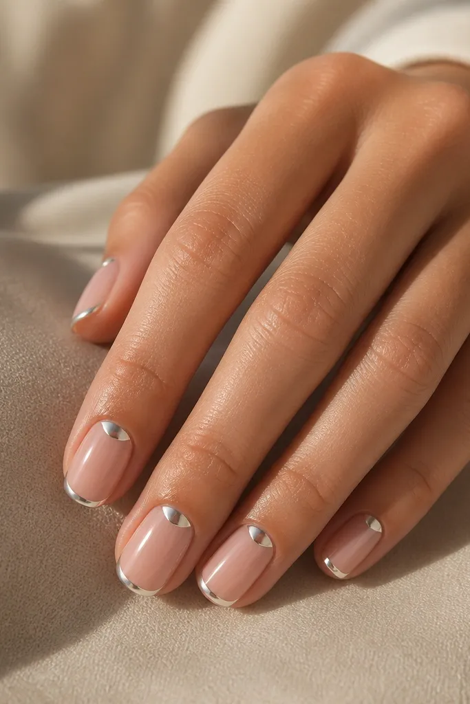 A hand model with short squoval nails. The base is a sheer rose nude. Instead of a full French tip, there is a thin silver chrome curve at the free edge plus a tiny silver half-moon near the cuticle, both in mirror finish. The rest of the nail stays nude and glossy.