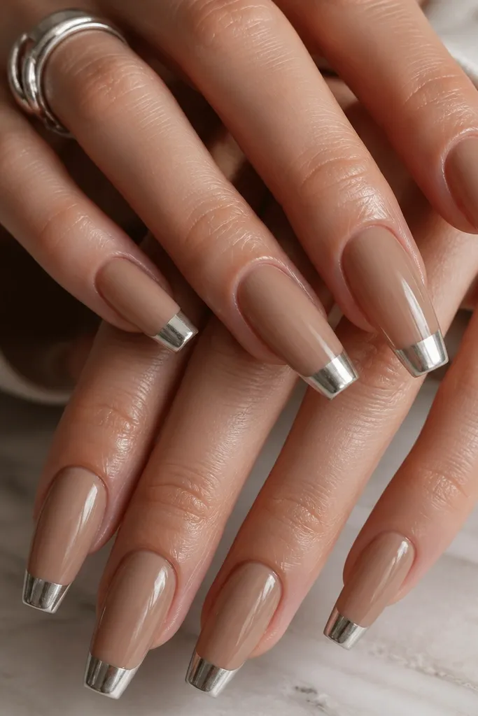 Medium coffin nails with a caramel nude jelly base. The chrome French tips are wide enough to be dramatic, but there is a tiny nude gap between the base and the chrome, like a thin line of caramel visible. The chrome is mirror silver, straight across the free edge curve.