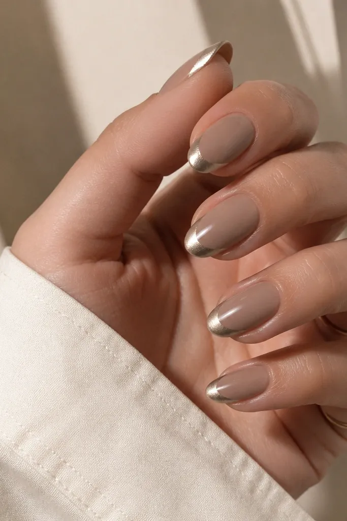Short almond nails in a taupe nude. The French tips are chrome but not fully mirror - they look brushed, like a satin chrome that catches light in streaks. The tips have a soft gradient where the outer edge is brighter.