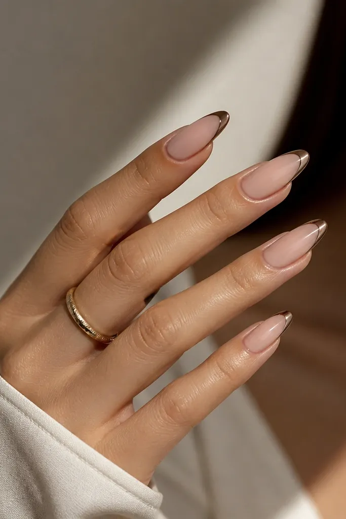 Long, slender nails with a sheer nude base. The French tip is outlined with a thin brown-tinted chrome line that sits on the edge, and the center of the tip stays nude and glossy. The outline is crisp and slightly curved.