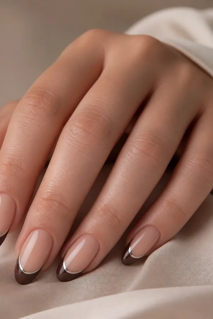 Medium almond nails with a nude base. The free edge is painted chocolate brown in a French shape. Around the top edge of the brown, there is a thin chrome halo line in mirror silver, like a ring just above the brown tip.