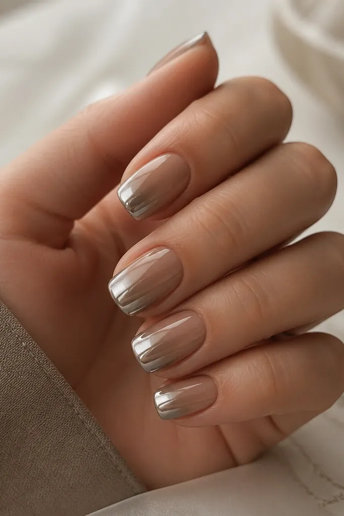 Short squoval nails with a nude-brown base that fades into chrome near the free edge. There's no sharp French line; instead, the chrome starts softly and becomes mirror at the tip. The overall look is smooth and gradient-like.