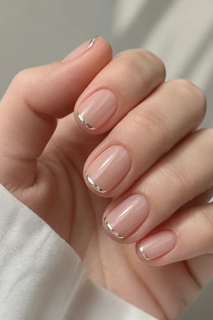Very clean, short nails with a clear nude jelly base. The chrome French tip is extremely thin - almost a single hairline arc across each nail. The chrome is bright mirror silver, and the rest of the nail looks like glass.