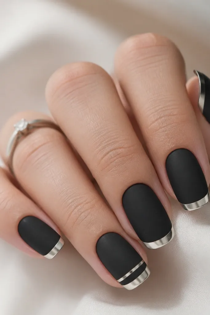 Five nails with a velvety matte black base; the French smile line is a straight, curved band of mirror chrome in bright silver, crisp at the cuticle edge. The accent nail has an extra thin chrome arc following the smile.