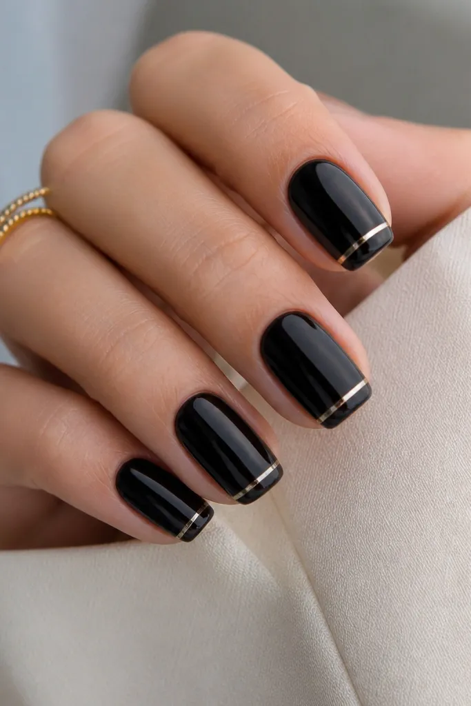 Short squoval nails painted glossy black. Each nail has a tiny micro-French at the tip, and a super-thin chrome line bordering the micro line, like a metallic bookmark.