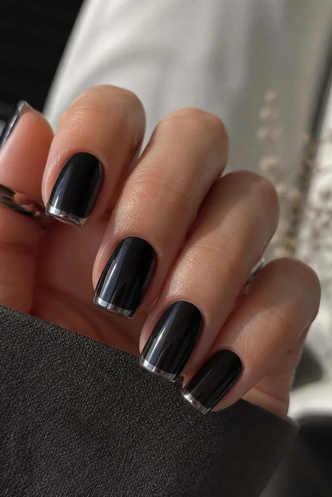 Medium square nails in glossy black. The French tips are black with a gunmetal chrome cap at the very edge, like a thin metallic lip that flips toward the sidewalls.