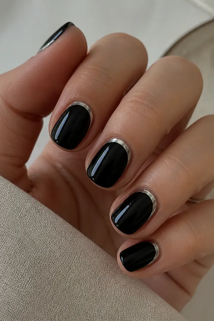 Short round nails with a glossy black base. A mirror chrome halo runs around the cuticle in a thin crescent, while the French tip stays solid black with no chrome on the tip.