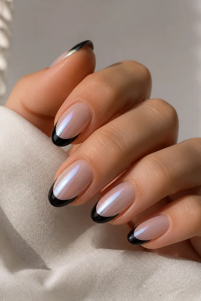 Medium almond nails with glossy black French tips. The chrome layer is silver underneath, but the final chrome has an opal shift that shows pink and blue flashes in the light along the smile line.