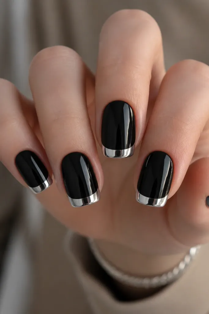 Short squoval nails: full glossy black base. Each French tip has a mirror silver band, but a narrow matte chrome stripe runs vertically down the center of the smile.
