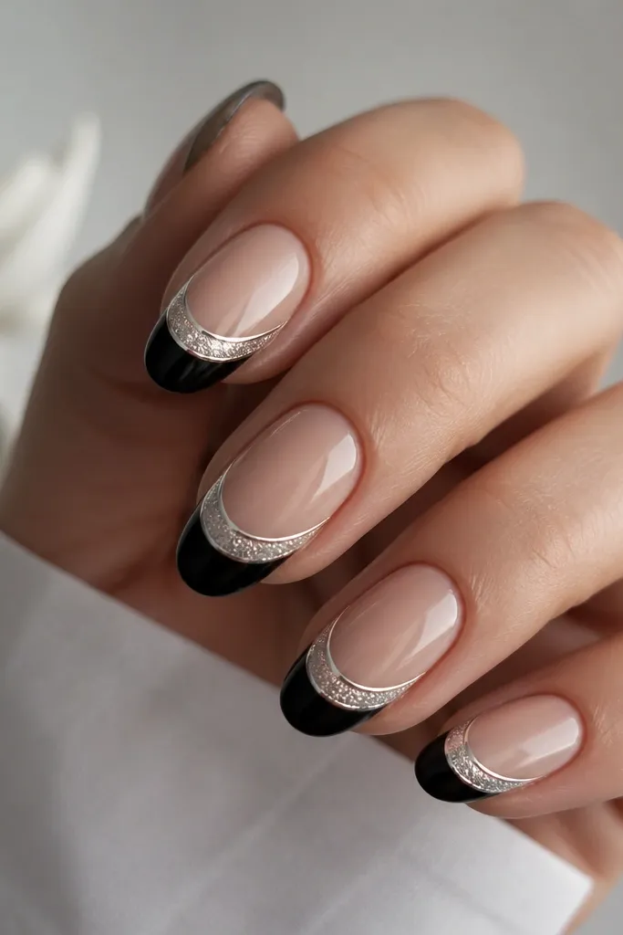 Medium oval nails with glossy black French tips. The smile line is mirror chrome, and inside the smile band there's a fine silver sparkle dust that looks like glitter suspended under clear gel.