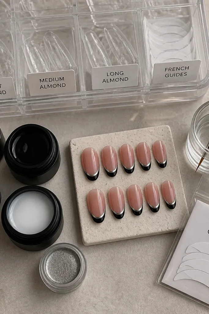 A flat lay shot: a clear organizer with labeled compartments. Nearby are black gel bottles, a tacky base, silver chrome pigment, French guide stickers in a small labeled sleeve, and a liner brush in a cup. The nails pictured match: glossy black French tips with mirror chrome smile lines.