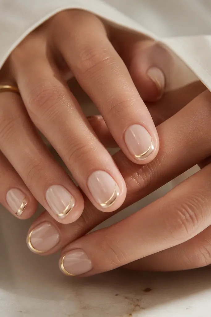 Short oval nails with a milky nude base; a clean, curved mirror gold French line that follows the smile curve; glossy top coat makes the gold look like metal foil.