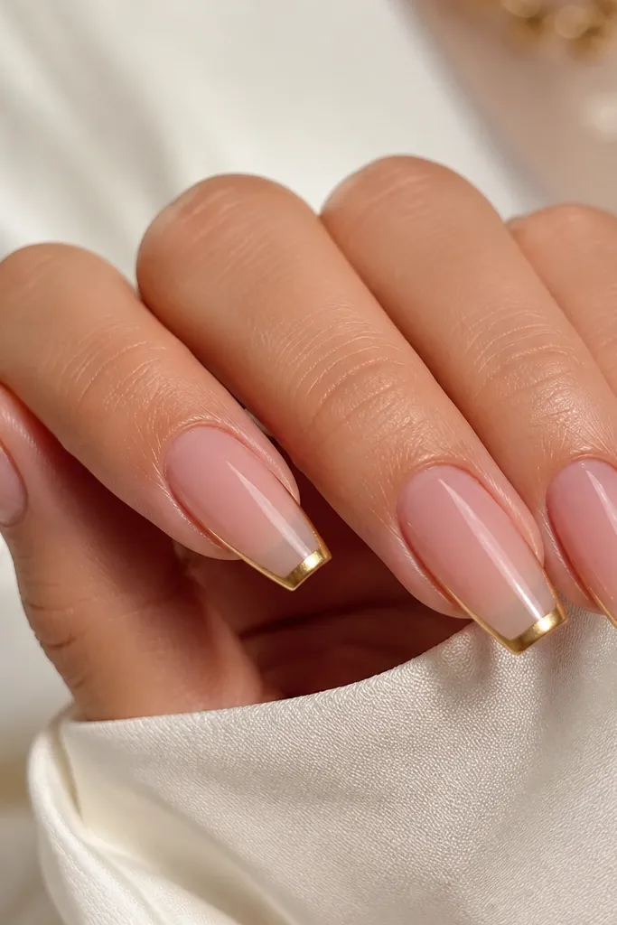 Medium coffin nails in a sheer rosy pink base; a thin mirror gold French tip line with a second even thinner gold border just inside the smile; high-gloss finish.