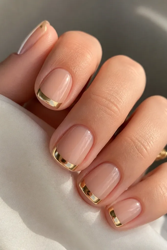Short square nails with a clear, glassy nude base; a reflective gold chrome French tip that looks like it floats above the nail; mirror shine with crisp edges.