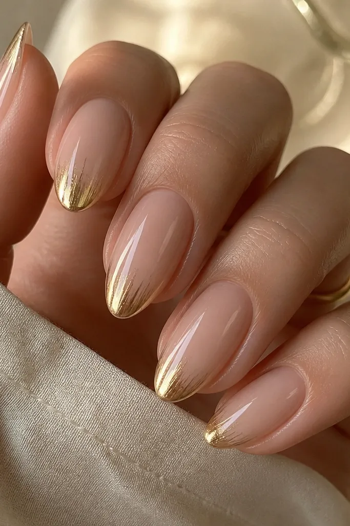 Medium almond nails with a warm champagne nude base; the French tip is gold chrome but brushed in streaks that look like soft metallic paint; glossy top coat.