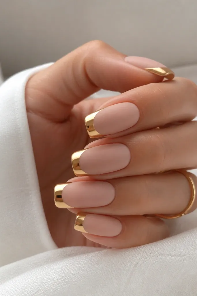 Long squoval nails with a matte nude base; gold chrome French tips are mirror-bright and glossy, creating a strong contrast; clean smile line.
