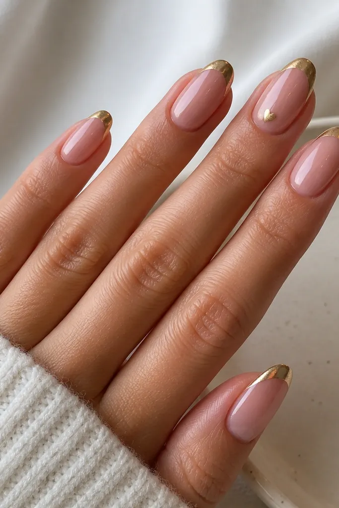 Medium almond nails in sheer pink; gold chrome French tip; on the ring finger, a small gold chrome heart sits at the outer corner of the smile line; glossy finish.