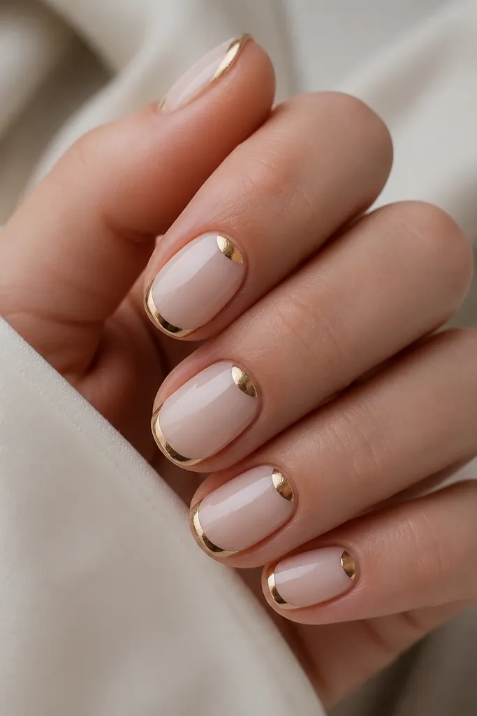 Short oval nails with milky nude base; gold chrome French tip; a small half-moon of gold chrome sits near the cuticle center, like a flash; glossy finish.