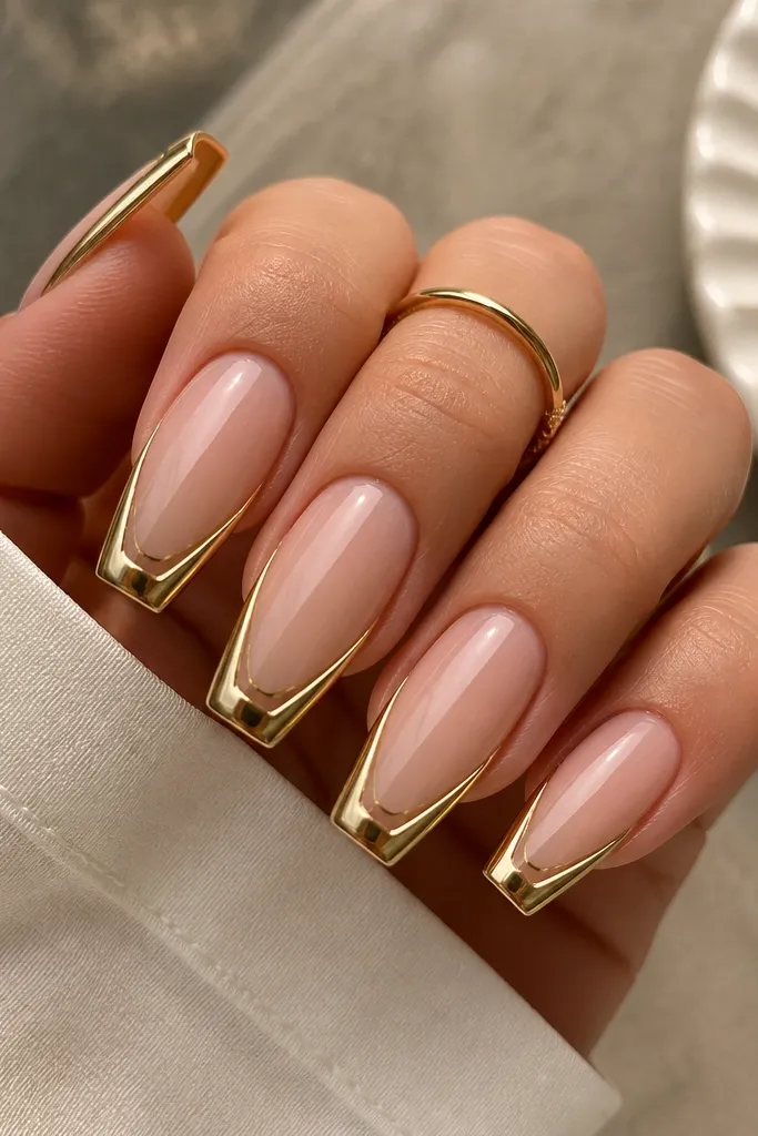 Medium coffin nails; nude base; two stacked French tips: a wider outer gold chrome band and a thinner inner gold chrome line; sharp contrast and high shine.