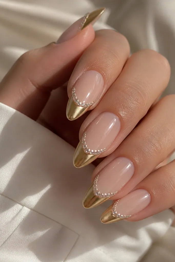 Long almond nails with a sheer nude base; gold mirror French tips; a thin row of tiny clear rhinestones sits right along the smile line like a halo; glossy top coat.