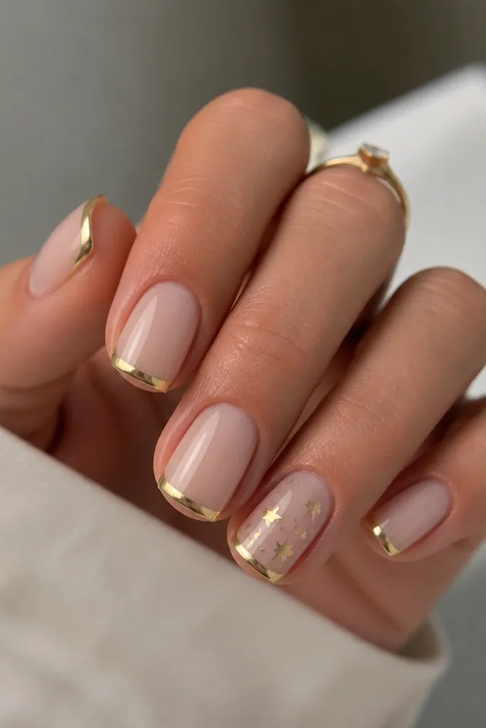 Short squoval nails in milky nude; gold chrome French tips; on the ring finger, a few tiny gold star shapes and micro dots float near the center; glossy finish.