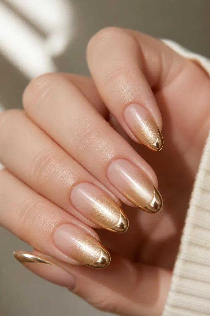 Medium almond nails; nude base fading into gold at the tips with a smooth ombre; the very edge is mirror gold chrome; glossy finish.