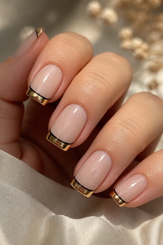 Medium square nails with sheer nude base; a thin black line just under the gold chrome French tip; gold chrome sits on top; glossy finish.
