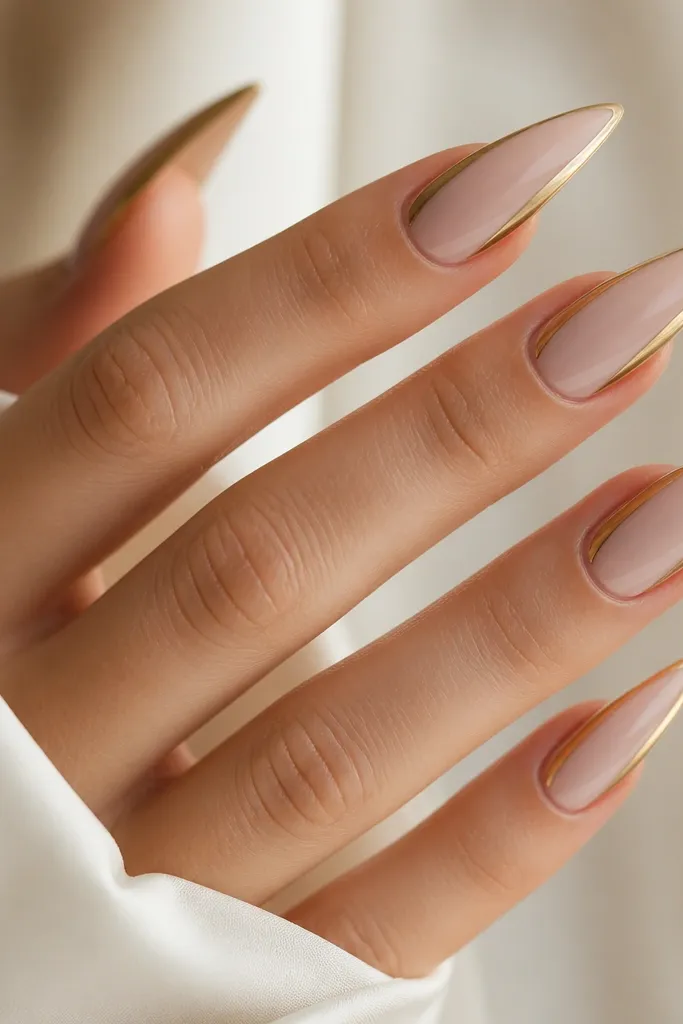 Long stiletto nails with milky nude base; gold chrome covers the sidewalls near the tip with a reverse French curve; the center tip stays nude; glossy finish.