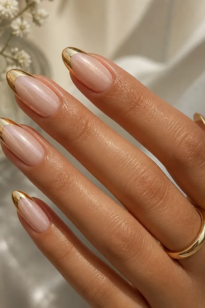 Medium almond nails with a pearly nude base that shimmers softly; gold mirror French tip; glossy top coat makes both the base and tips catch light.
