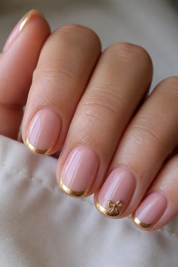 Short oval nails in sheer pink; gold chrome French tips; one accent nail has a tiny gold chrome bow near the outer edge of the smile; glossy finish.