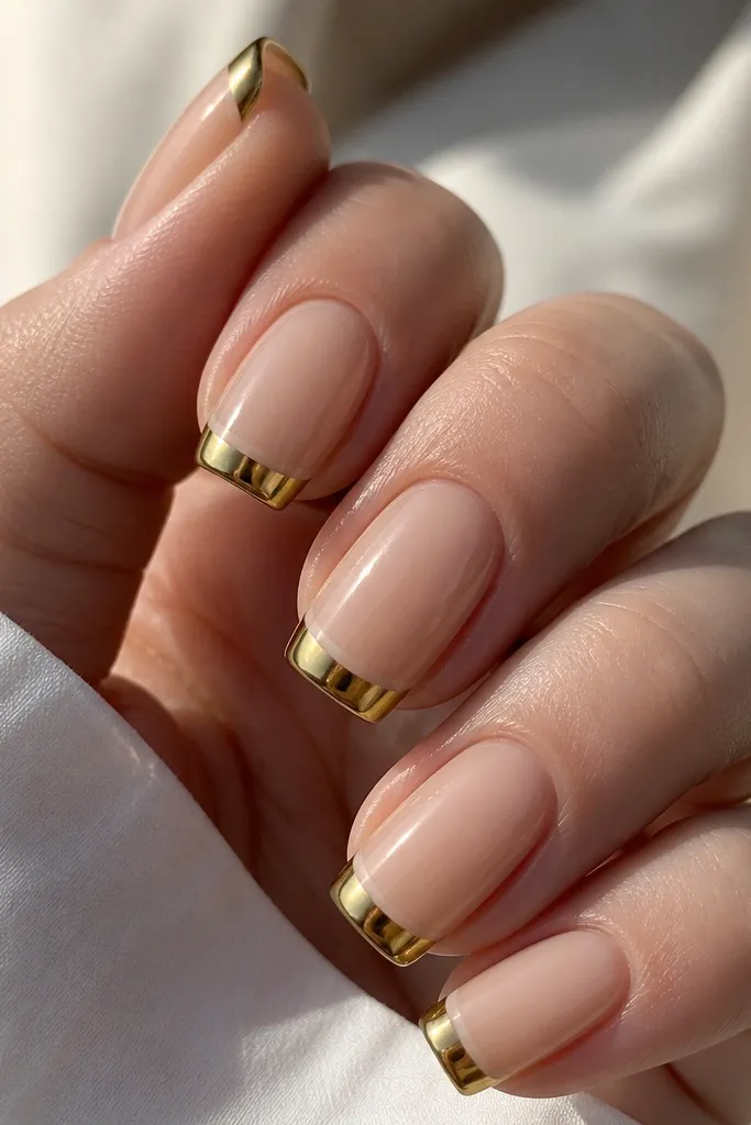 Medium squoval nails; glossy nude base; a gold chrome French tip is separated from the base by a thin negative-space gap line in the middle; high shine.