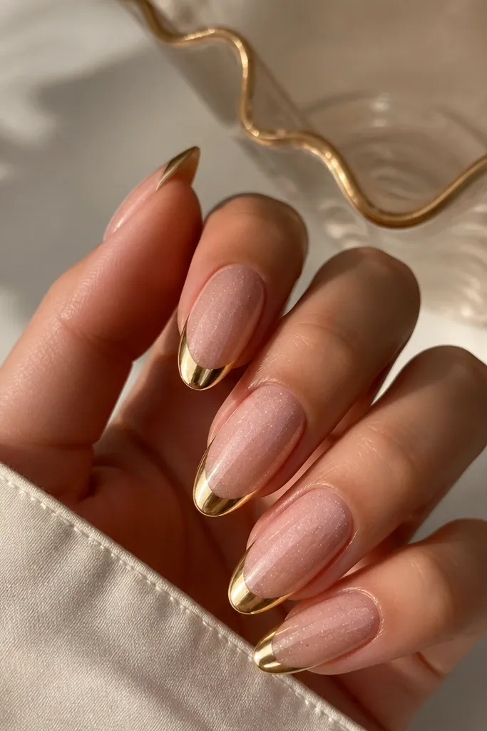 Long oval nails; nude base with fine micro glitter scattered lightly; gold mirror French tip; glossy top coat; sparkle shows in the base when light hits.