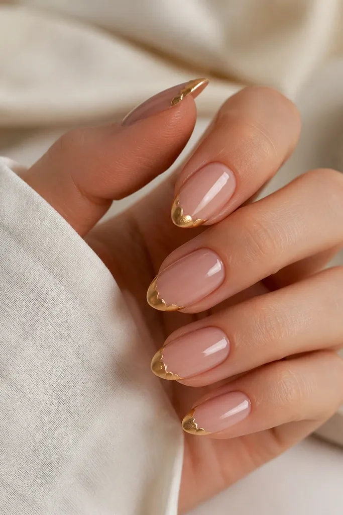 Medium almond nails; sheer pink base; gold chrome French tip with a scalloped edge at the very top, like tiny arcs; mirror shine and glossy finish.