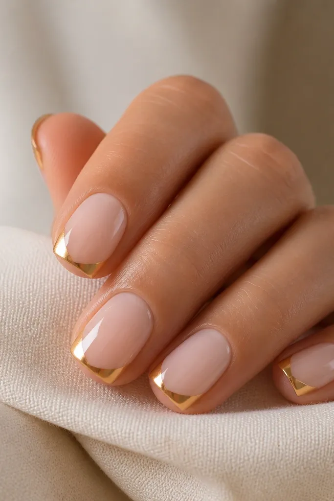 Short square nails; milky nude base; gold chrome French tips that angle upward at both corners like a diagonal wing; glossy high shine.