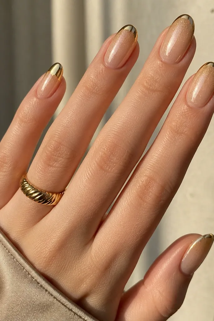 Medium oval nails; nude base fades into a warm gold gradient near the tip; the very edge is mirror gold chrome; subtle shimmer in the gradient; glossy finish.