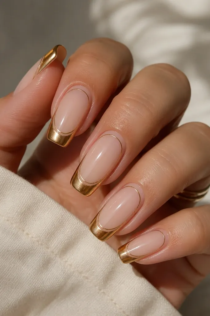 Long squoval nails; sheer blush base; main French tip is mirror gold chrome; a second thin rose-gold line runs parallel just inside the gold; glossy finish.