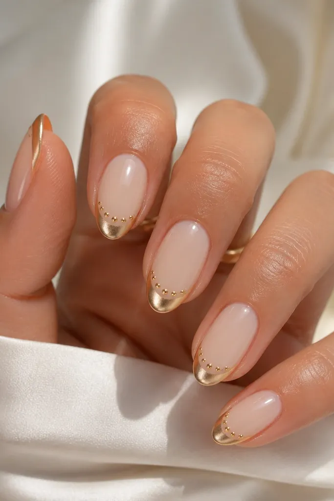 Medium almond nails; milky nude base; gold chrome French tip; three tiny gold dots sit along the smile line like a mini constellation; glossy finish.