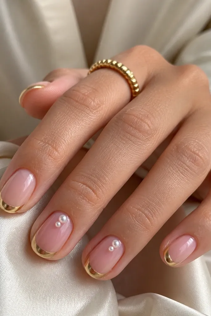 Short oval nails; sheer pink base; gold chrome French tips; on two nails, a small cluster of tiny pearl dots sits near the cuticle center; glossy finish.