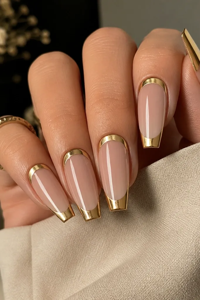 Medium coffin nails; nude base; gold mirror chrome ring around the lower cuticle area; gold chrome French tip; glossy finish, strong reflection.