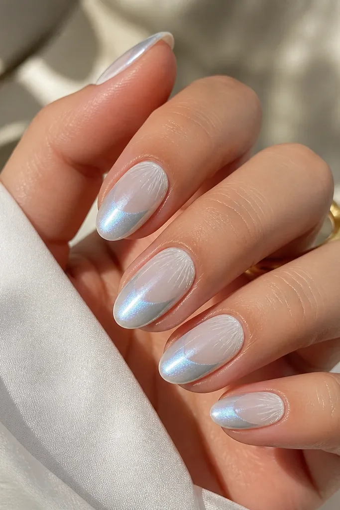 Short almond nails with a milky white base and chrome powder concentrated on the tips; the chrome shifts from cool silver to pale blue under light, with faint shell-like lines near the cuticle.